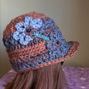 Handmade Brown & Blue Crochet Flower Cloche newsboy medium